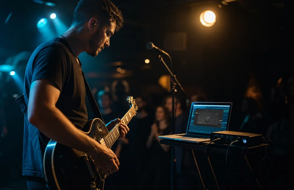 Guitarist performing live with Aeronaut on laptop
