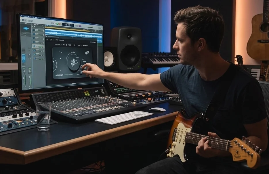 Guitarist in studio with Aeronaut on screen